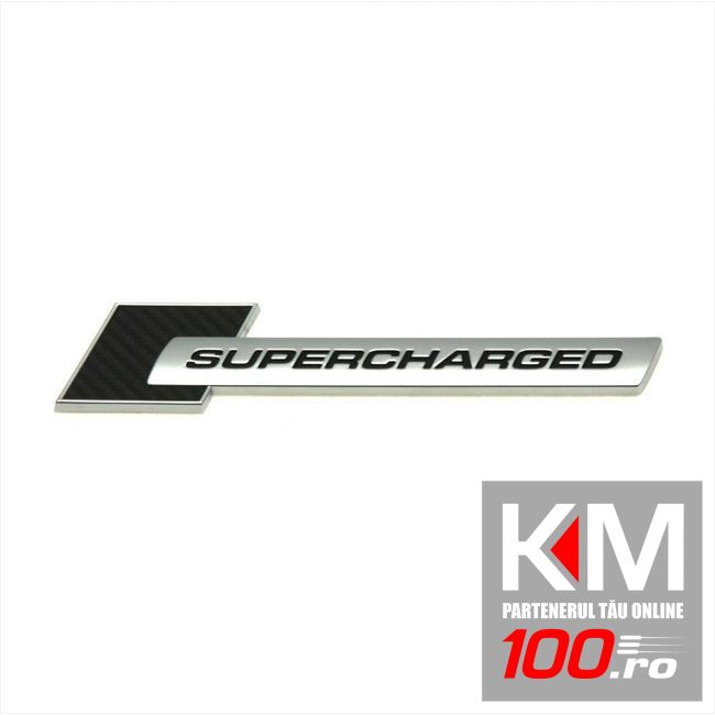 Emblema auto reliefata 3D - SUPERCHARGED BLACK (TS-102) - cu banda adeziva