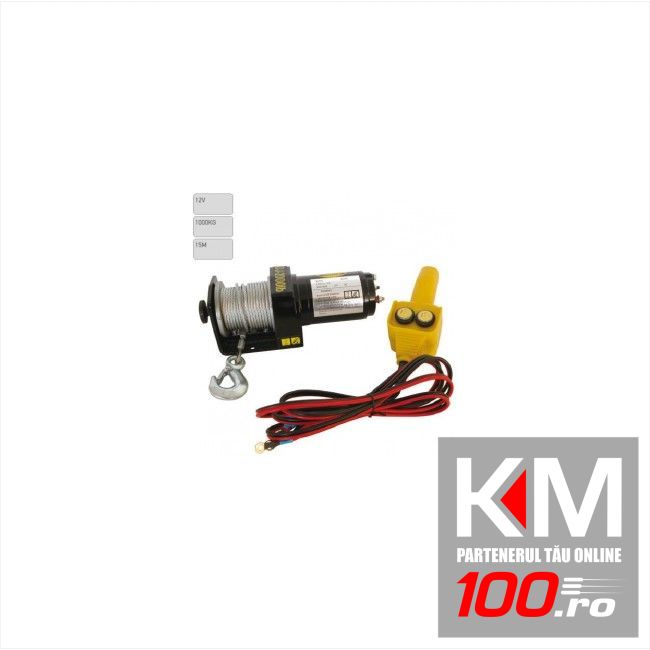 Troliu auto electric Carpoint 1000 kg 15m cu remote control si carlig de siguranta
