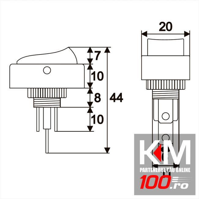 Interupator basculant 1 circuit 20A-12VDC OFF-ON, cu LED galben