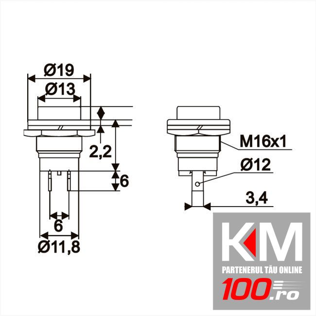 Buton 1 circuit 2A-250V OFF-(ON), negru