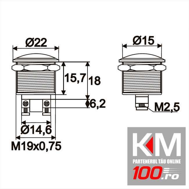 Buton 1 circuit 2A-250V OFF-(ON), metal