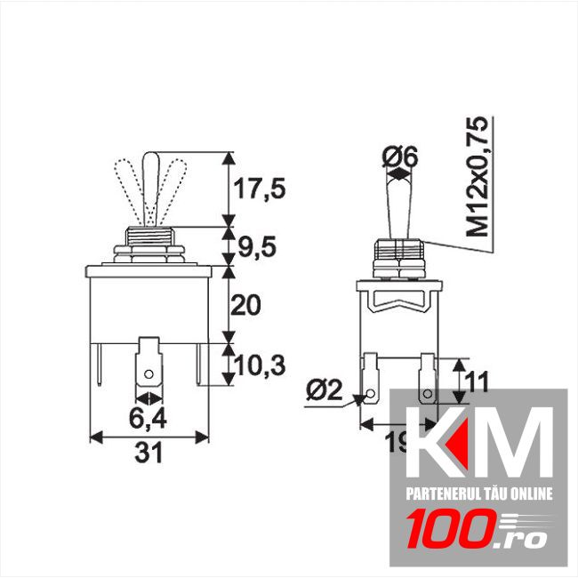 Intrerupatoare cu brat2 circuits10A-250VON-OFF-ON