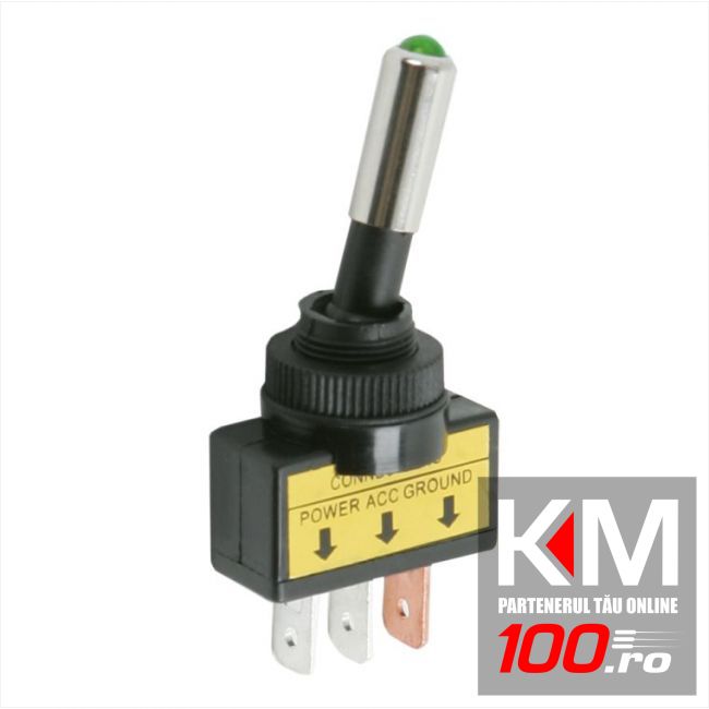 Intretupator cu 2 pozitii OFF-ON, 1 circuit, iluminat cu bec verde de 12 V, negru 20A-12VDC