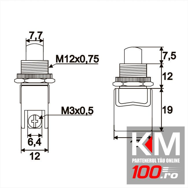 Buton 1 circuit 4A-250V ON-(OFF), negru