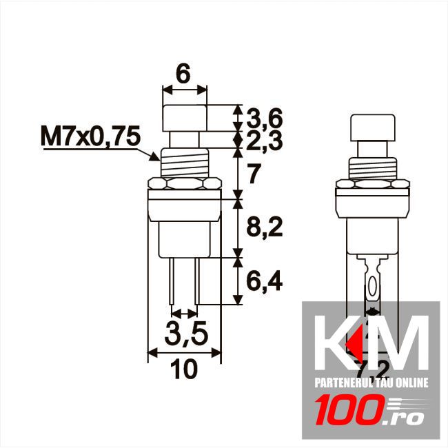 Buton 1 circuit 12VDC ON-(OFF), negru