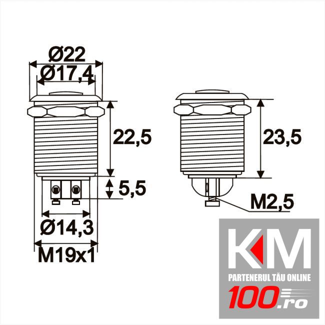 Buton, 1 circuit 2A-250V OFF-(ON), metal ? rezistent la apa