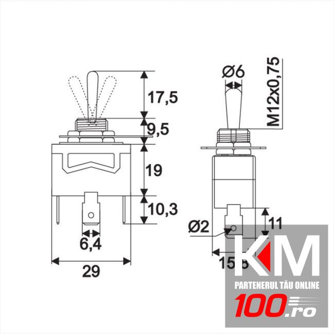 Intrerupatoare cu brat 1 circuit 10A-250V ON-OFF-ON