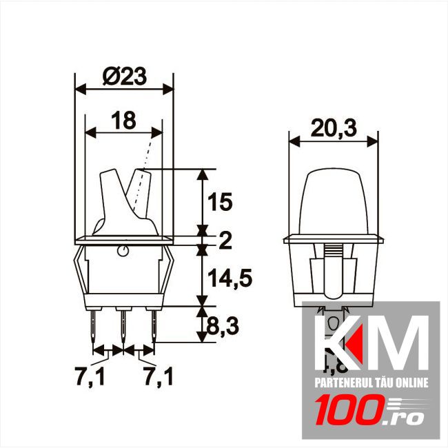 Intrerupatoare cu brat 1 circuit OFF-ON 6A-250V, lumina rosie