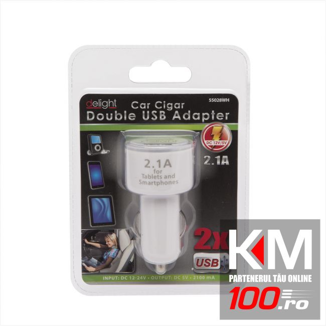 Adaptor de incarcare de la bricheta auto cu 2 porturi USB - Alb